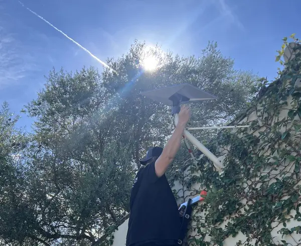 Dron sobrevolando una plantación de árboles frutales durante un vuelo de agricultura de precisión