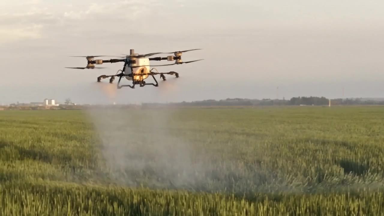 Dron agrícola de pulverización trabajando sobre un cultivo al amanecer